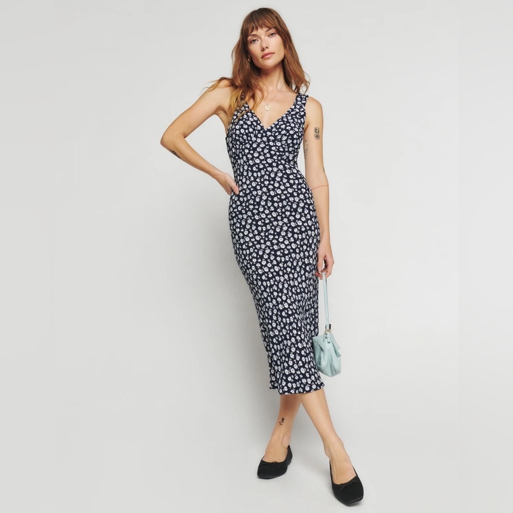 Reformation Navy and White Floral V-Neck Midi Dress